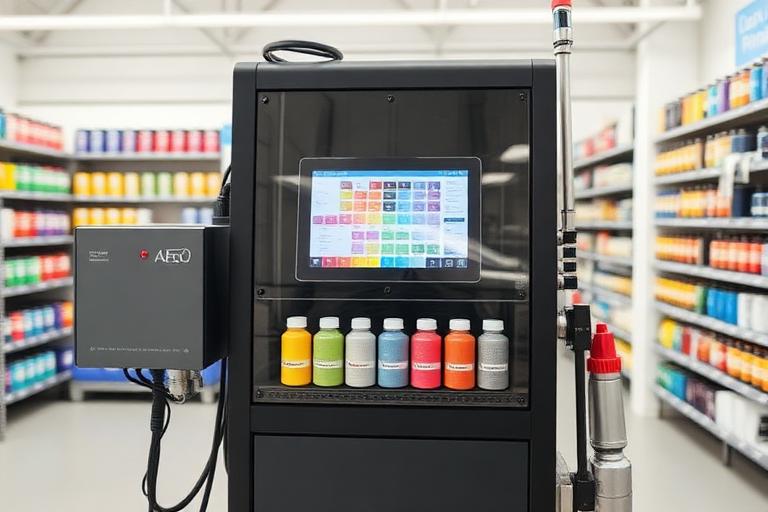 Computerised paint colour tinting dispenser machine in the shop