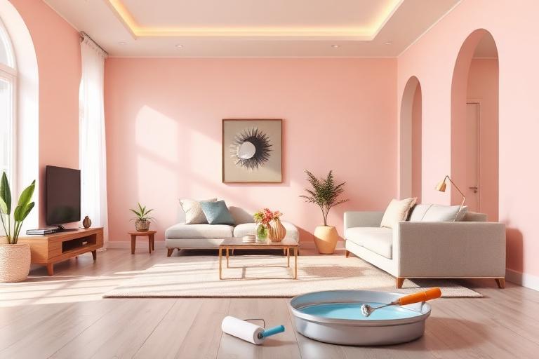 Freshly painted pastel interior room with roller and paint tray