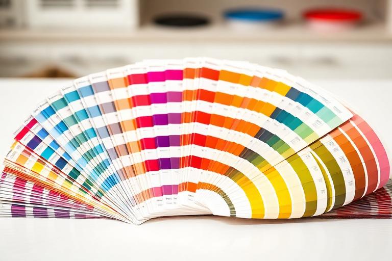 Fanned-out paint shade card colour swatch deck on the counter
