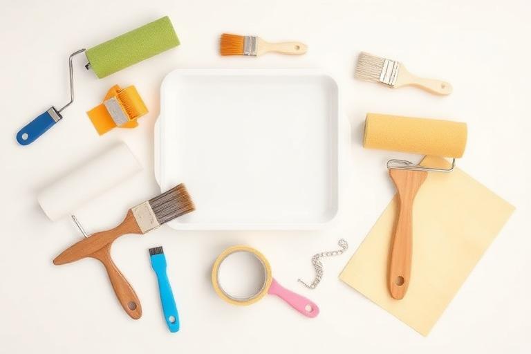 Paint rollers, brushes, tray, tape and sandpaper laid out